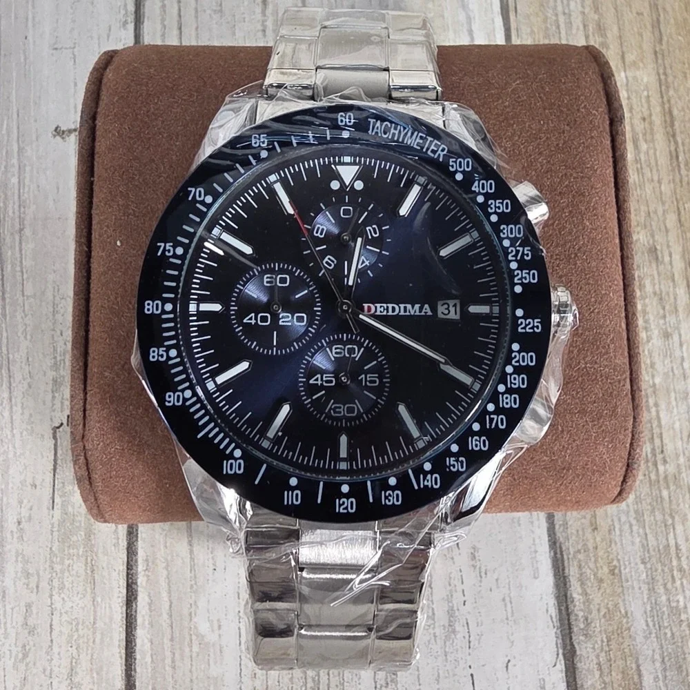 Dedima Mens Chronograph Watch Black Dial Silver Stainless Steel Link Band New